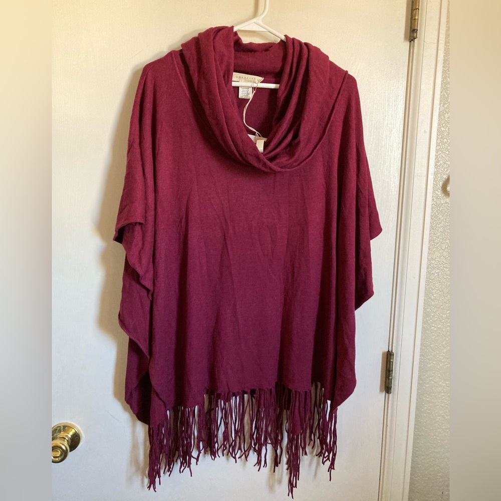 *Love Stitch New Burgundy One Size Cowl-Neck Boho Poncho with Fringe Sweater #Bl